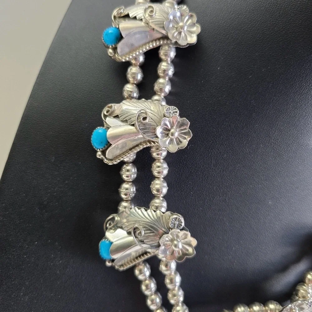 Sterling Silver 925 and Turquoise Floral Squash Blossom Necklace - Picture 7 of 16